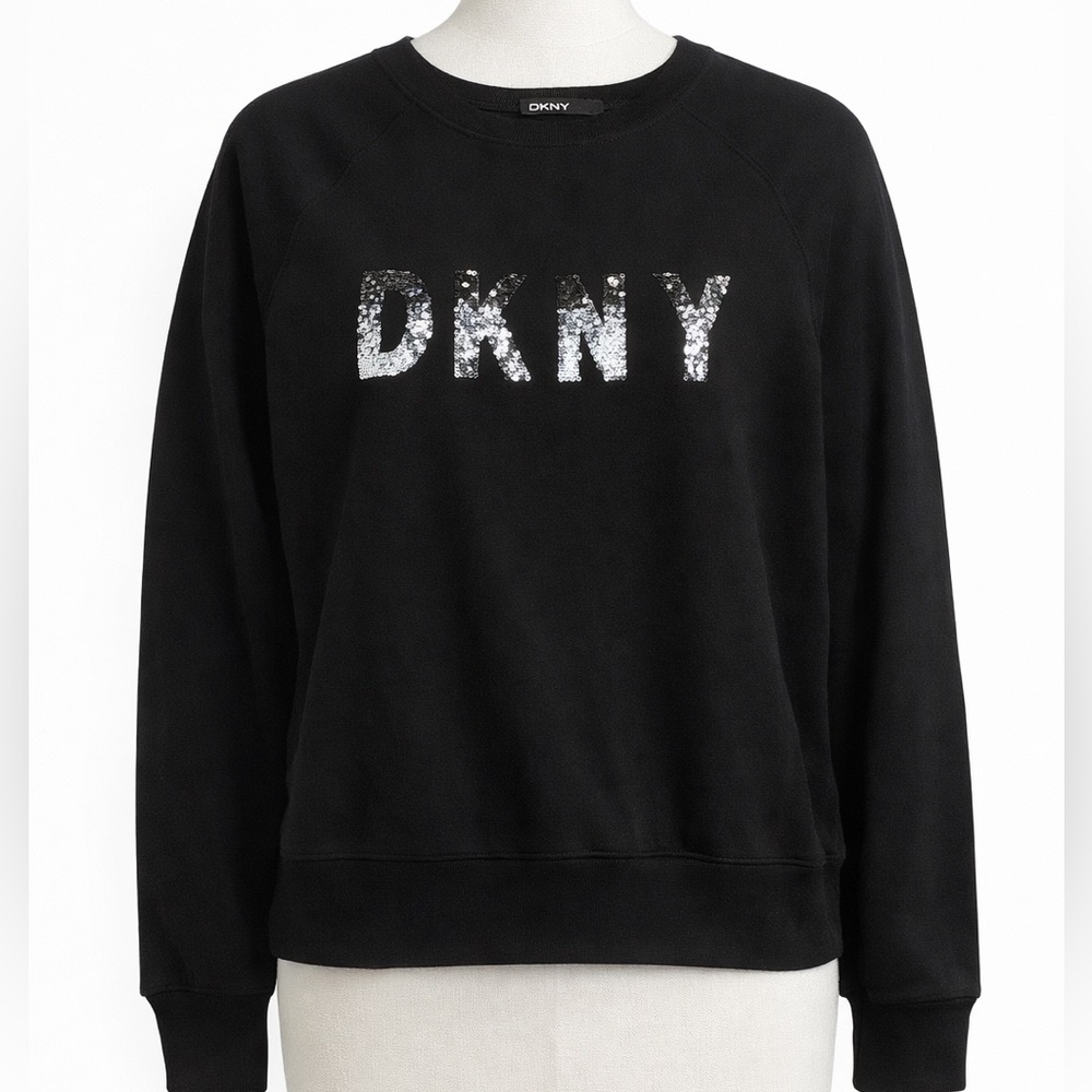 DKNY Black Sequin Logo Pullover Sweatshirt Women’s